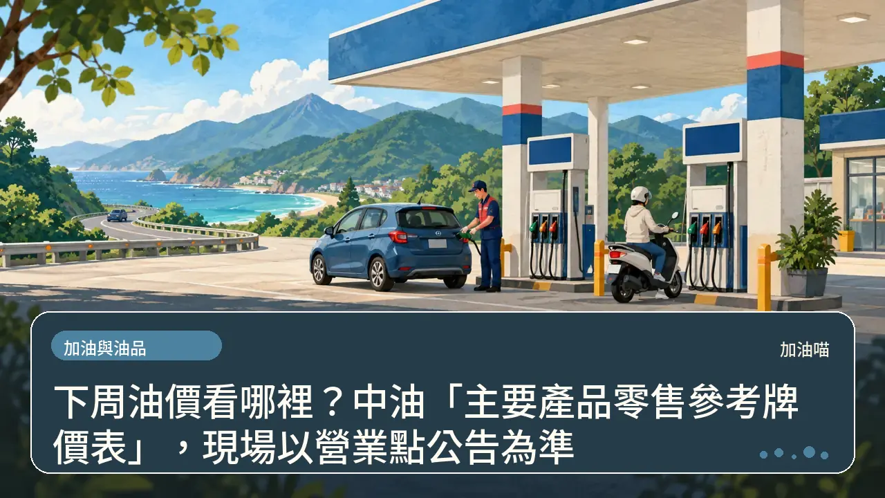 下周油價看哪裡?中油「主要產品零售參考牌價表」,現場以營業點公告為準主題插畫