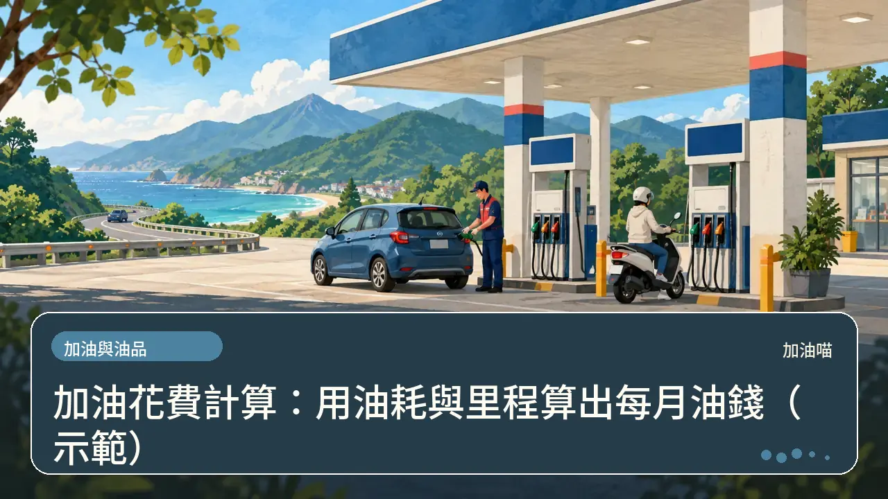 加油花費計算：用油耗與里程算出每月油錢（示範）主題插畫