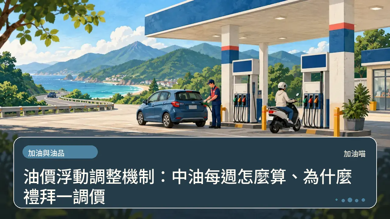 油價浮動調整機制：中油每週怎麼算、為什麼禮拜一調價主題插畫