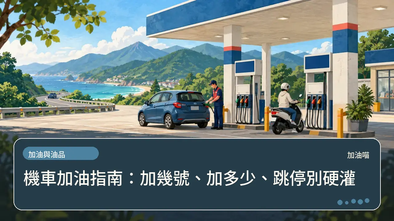 機車加油指南：加幾號、加多少、跳停別硬灌主題插畫
