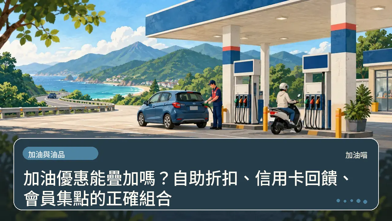 加油優惠能疊加嗎？自助折扣、信用卡回饋、會員集點的正確組合主題插畫