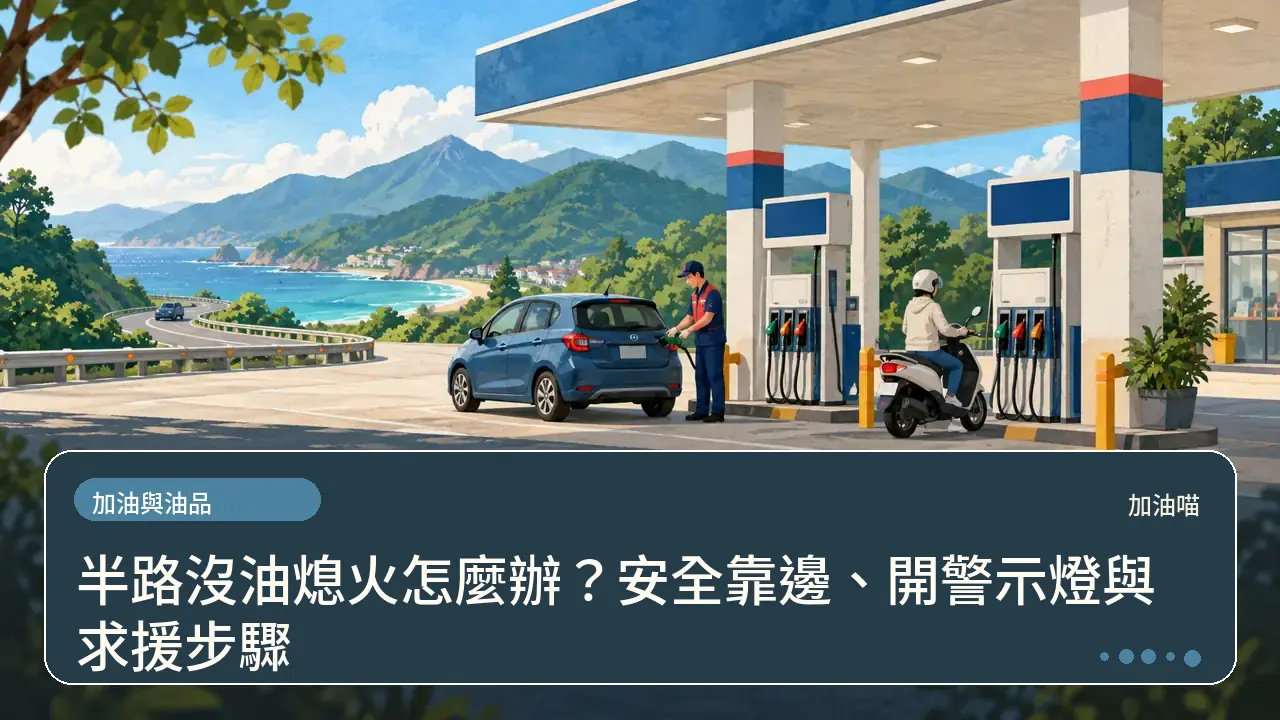 半路沒油熄火怎麼辦？安全靠邊、開警示燈與求援步驟主題插畫