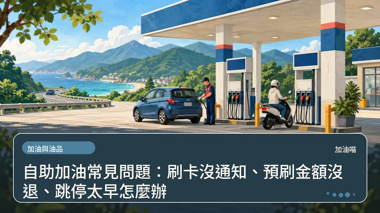 自助加油常見問題：刷卡沒通知、預刷金額沒退、跳停太早怎麼辦主題插畫