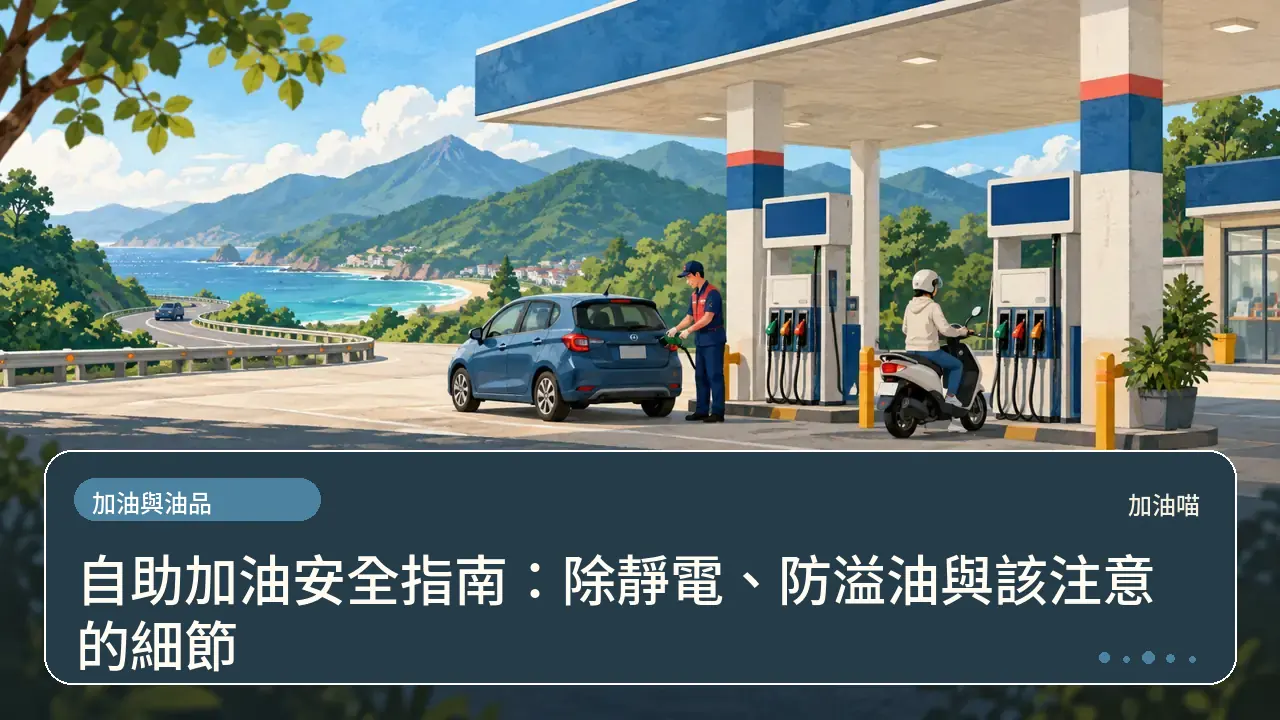 自助加油安全指南：除靜電、防溢油與該注意的細節主題插畫