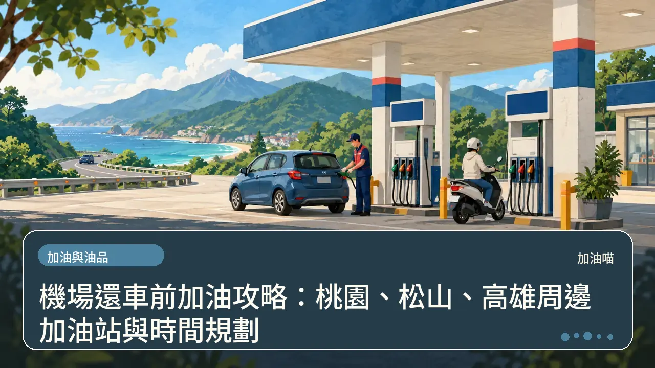 機場還車前加油攻略：桃園、松山、高雄周邊加油站與時間規劃主題插畫