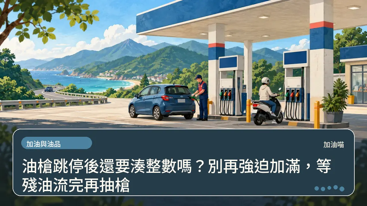 油槍跳停後還要湊整數嗎？別再強迫加滿，等殘油流完再抽槍主題插畫