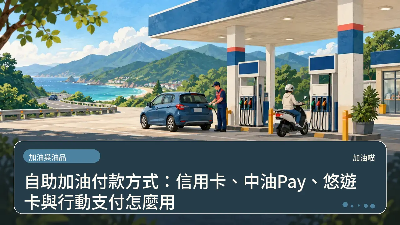 自助加油付款方式：信用卡、中油Pay、悠遊卡與行動支付怎麼用主題插畫