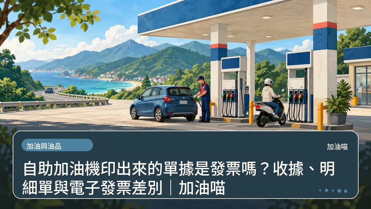 自助加油機印出來的單據是發票嗎？收據、明細單與電子發票差別｜加油喵主題插畫
