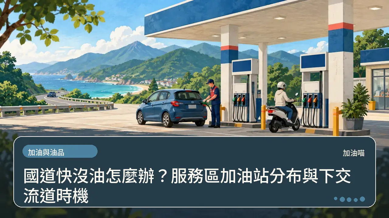 國道快沒油怎麼辦？服務區加油站分布與下交流道時機主題插畫